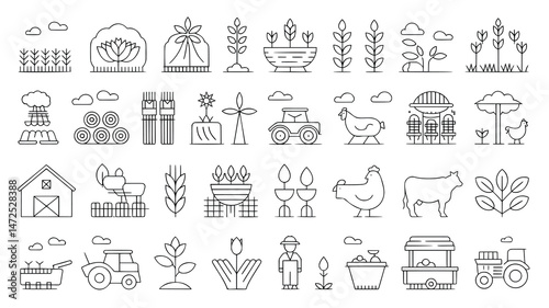 This image features a collection of simple, black line art icons depicting various farm and agricultural elements