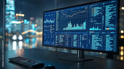 Wallpaper Mural Monitor shows data analytics, charts. Desk with keyboard, mouse. Blurred city night view background Torontodigital.ca