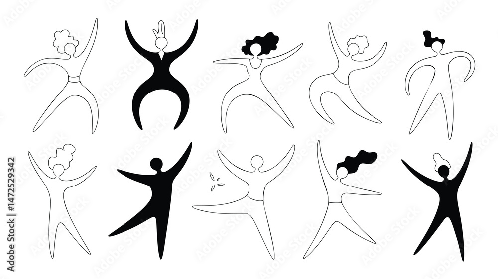 A collection of stylized, black and white figures, designed in a simple, contemporary style A collection of stylized, black and white figures, designed in a simple, contemporary style
