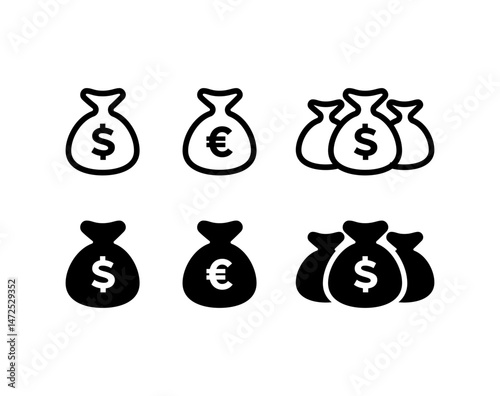 Money bag icons set. Money bag with dollar and euro signs icon. Revenue, profit income growth. Business and finance