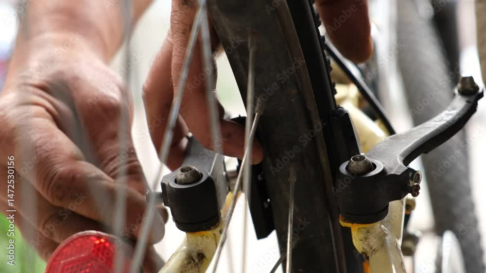 Fingers of a bicycle mechanic adjust rear brake pads using a hex key. Skilled technician replaces worn pads on a bike during maintenance. Eco-friendly transport and cycling safety
