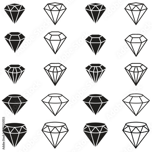 Diamond icon set. Different shapes of diamond cuts. Dimond icon set in flat style. Abstract black diamond collection icons. Gemstone icon set. Diamonds logo
