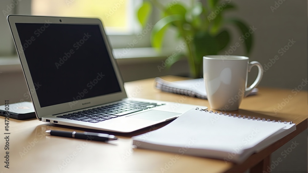 Laptop, Notebook, Coffee Mug On Wooden Table Laptop, Notebook, Coffee Mug On Wooden Table