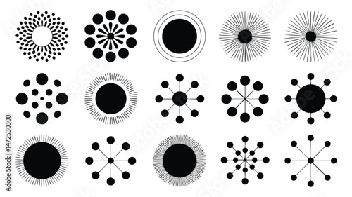 A set of twelve unique, black and white, abstract circular graphic design elements