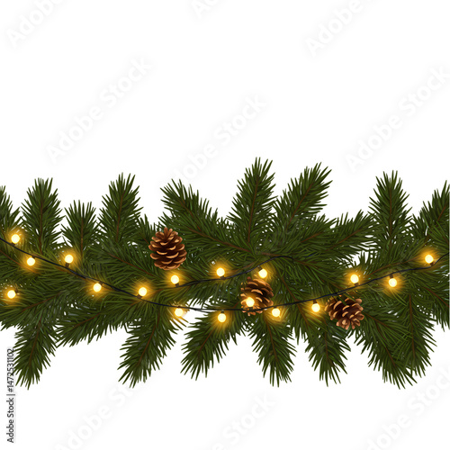 Luminous Christmas Garland Festive Lights Pine Cones  Greenery isolated on transparent background