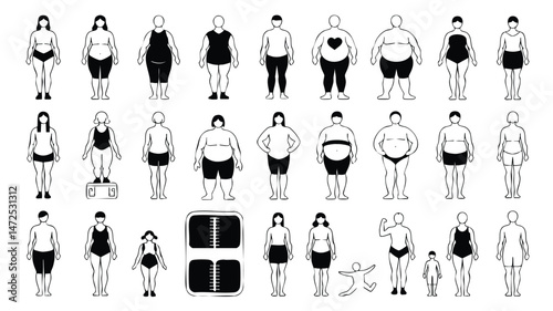 A collection of black and white line art illustrations depicting a range of male and female body types, from underweight to obese