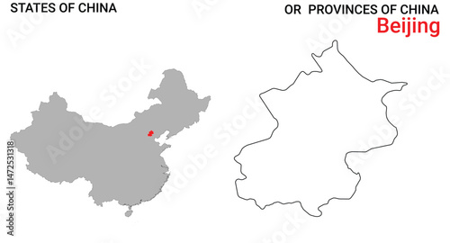High detailed map of Beijing vector illustration. Outline Beijing province map on white background. China.