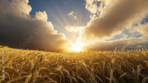 Golden wheat field at sunset, peaceful nature scene