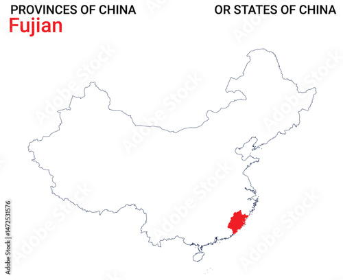 High detailed map of Fujian vector illustration. Outline Fujian province map on white background. China.