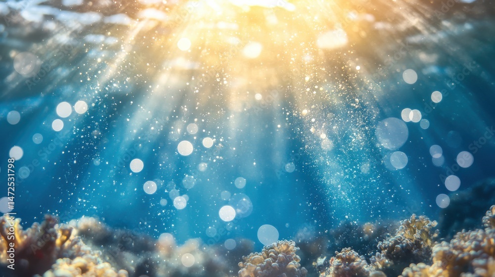 Fototapeta premium Sunlight Rays Dramatically Shine Through Clear Ocean Water Surface