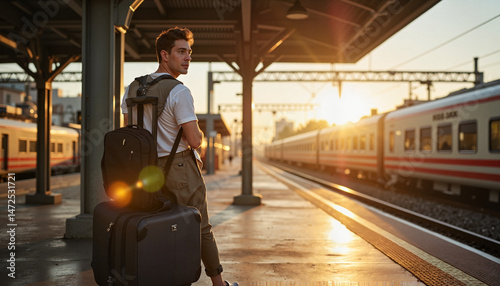 Young man waiting at train station with luggage during sunset  