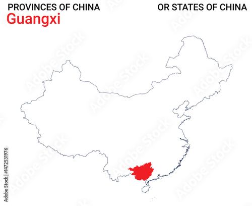 High detailed map of Guangxi vector illustration. Outline Guangxi province map on white background. China.