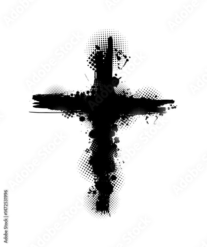 Christian cross vector. Black blotted cross. hand drawn. Not AI, Vector