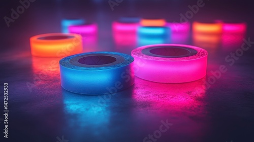 Glowing tape rolls shine bright on a dark surface, displaying vibrant colors in a hazy atmosphere