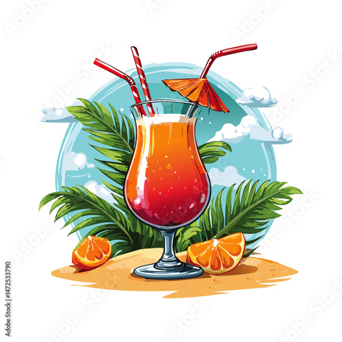 Cocktail Sex on the Beach vector illustration. Summer refreshing drink in glass for bar and menu. Postcard for vacation in tropical countries
