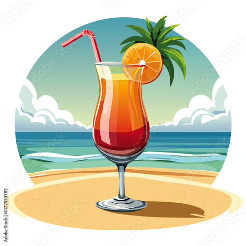 Cocktail Sex on the Beach vector illustration. Summer refreshing drink in glass for bar and menu. Postcard for vacation in tropical countries