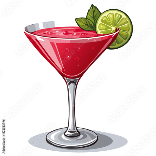 Cocktail in a cosmopolitan glass vector illustration. Summer alcoholic drink on isolated background for bar and menu	
