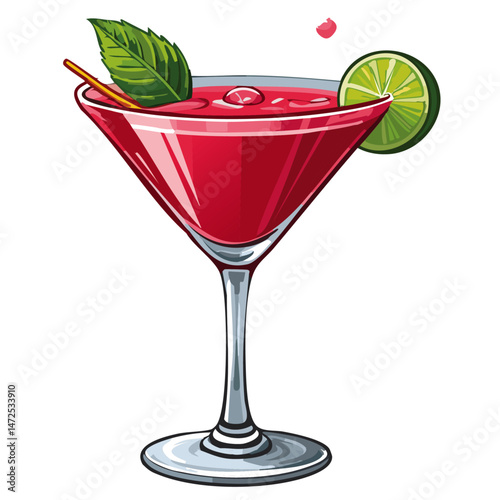 Cocktail in a cosmopolitan glass vector illustration. Summer alcoholic drink on isolated background for bar and menu	