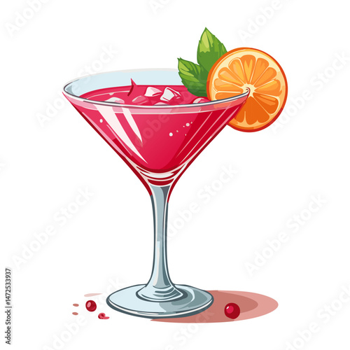 Cocktail in a cosmopolitan glass vector illustration. Summer alcoholic drink on isolated background for bar and menu	