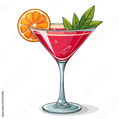 Cocktail in a cosmopolitan glass vector illustration. Summer alcoholic drink on isolated background for bar and menu	