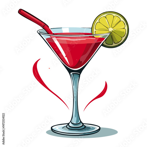 Cocktail in a cosmopolitan glass vector illustration. Summer alcoholic drink on isolated background for bar and menu	