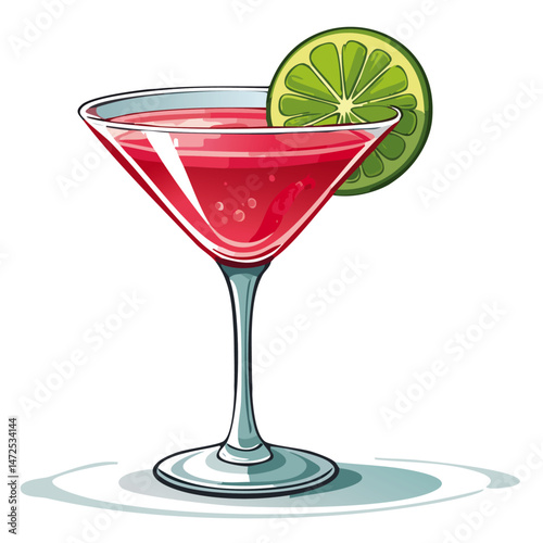 Cocktail in a cosmopolitan glass vector illustration. Summer alcoholic drink on isolated background for bar and menu	