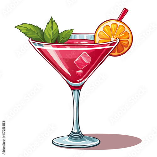 Cocktail in a cosmopolitan glass vector illustration. Summer alcoholic drink on isolated background for bar and menu	