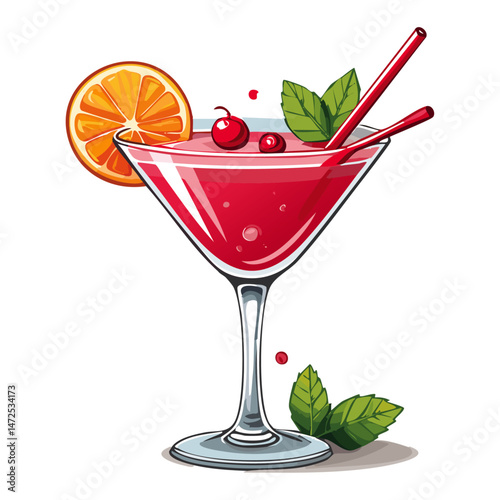 Cocktail in a cosmopolitan glass vector illustration. Summer alcoholic drink on isolated background for bar and menu	