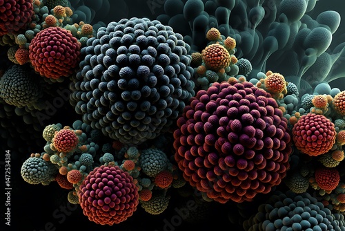 Abstract 3D rendering of vibrant fractal spheres, resembling a biological microcosm or botanical bloom.