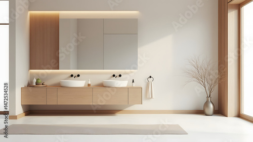 Minimalist bathroom with wooden floating vanity, two white vessel sinks, large mirror, and natural light creating calm atmosphere
