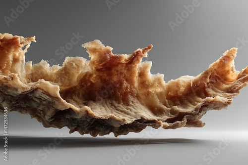 Abstract food art: a close-up view of a uniquely textured, dried food item resembling a landscape