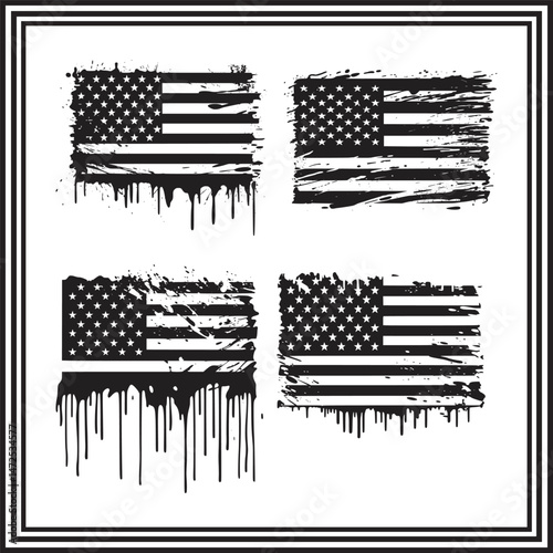 Grunge American Flag Vector Set – Distressed USA Flags with Dripping Paint and Brush Effects