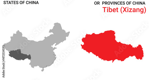 High detailed map of Tibet vector illustration. Outline Tibet province map on white background. China.