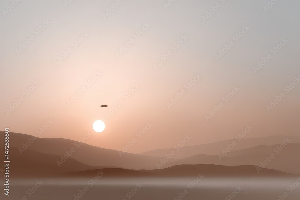 Fototapeta premium serene and minimalistic landscape featuring ufo hovering in sky during stunning sunset