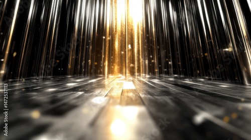 Dramatic Light Rays Through Shimmering Space with Metallic Floor