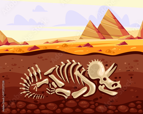 Dinosaur triceratops skeleton remains archeology excavation concept. Vector flat graphic design illustration