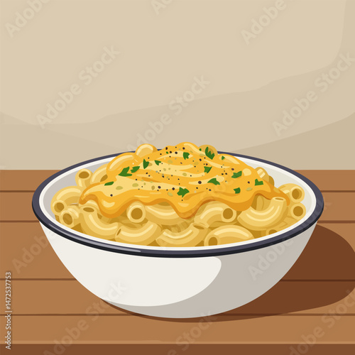 Serving Bowl of Macaroni and Cheese on Wooden Table Illustration