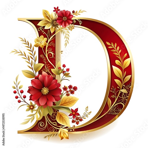 Elegant floral letter d decorated with red and gold flowers and leaves on a white background