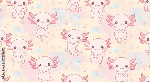 A kawaii axolotl pattern background with stars, hearts, and pastel bubbles