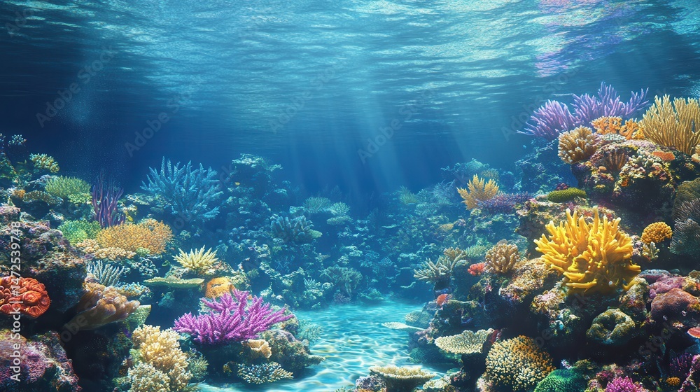 Naklejka premium Vibrant Underwater Coral Reef with Sunlight and Colorful Marine Life