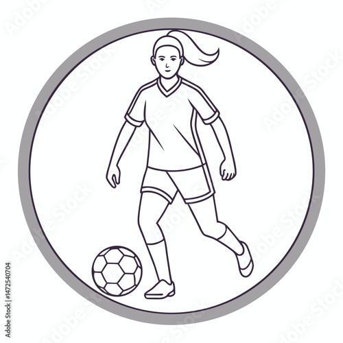 Woman soccer player dribbling ball line art circle icon illustration. soccer, woman, female, player, ball, dribbling.