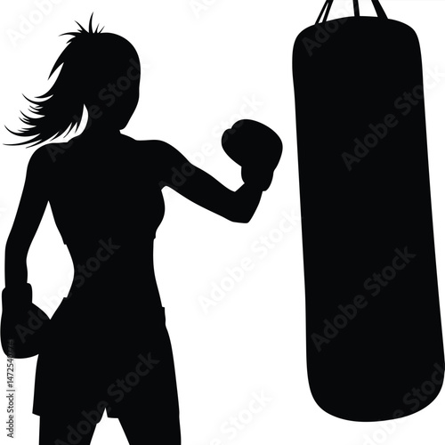 Silhouette of a female boxer training with a punching bag vector image.