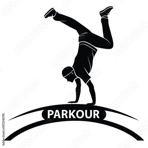 Silhouette of man doing handstand demonstrating parkour skill and urban acrobatic performance.