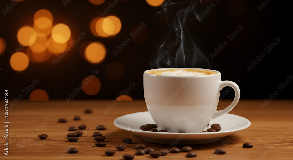 Fototapeta premium Close-up of Steaming White Coffee Cup with Scattered Beans on Wooden Table Against Blurred Bokeh Background