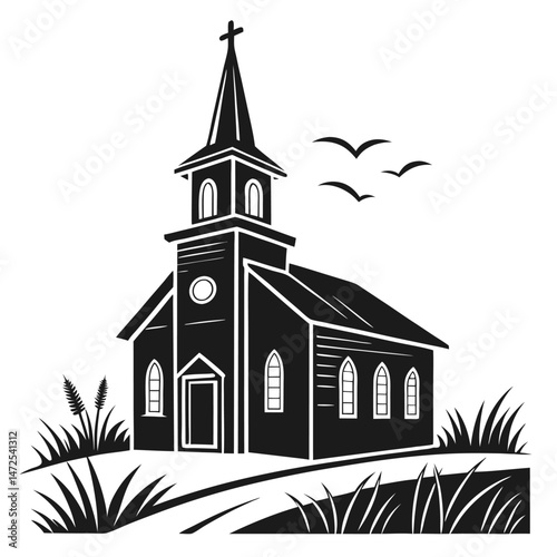 Rustic church silhouette with cross,birds,and grassy landscape.