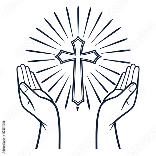 Hands holding christian cross with light rays vector illustration. hands, cross, christian, religious, religion, faith.