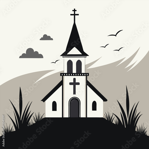 Minimalist vector church illustration against a mountain landscape.
