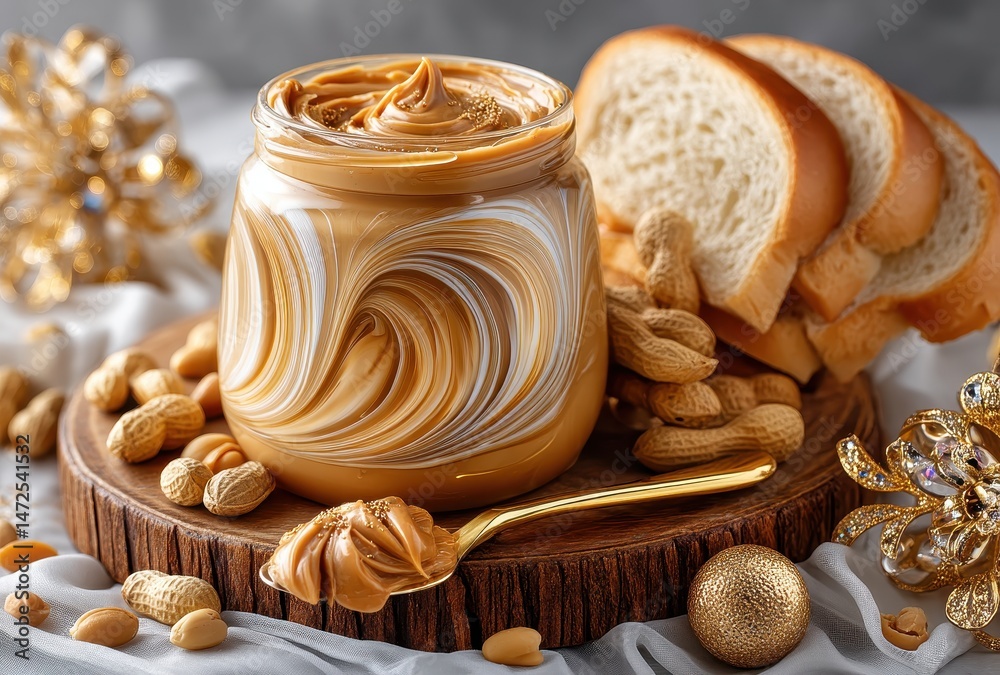 Creamy and Dreamy Peanut Butter in Swirled Jar with Toast, Peanuts, and Decorative Elements for Delicious Culinary Inspiration Creamy and Dreamy Peanut Butter in Swirled Jar with Toast, Peanuts, and Decorative Elements for Delicious Culinary Inspiration