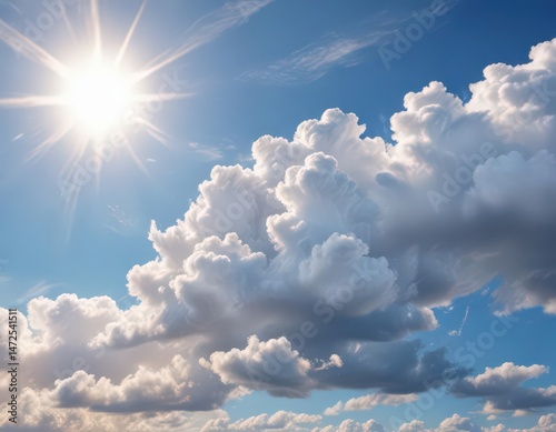 Distressed paper, vibrant blue sky, fluffy white clouds, sun glow ,  photo,  landscape,  sky