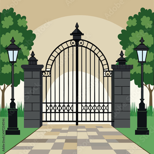 Ornate gate vector illustration with trees and lamp posts.